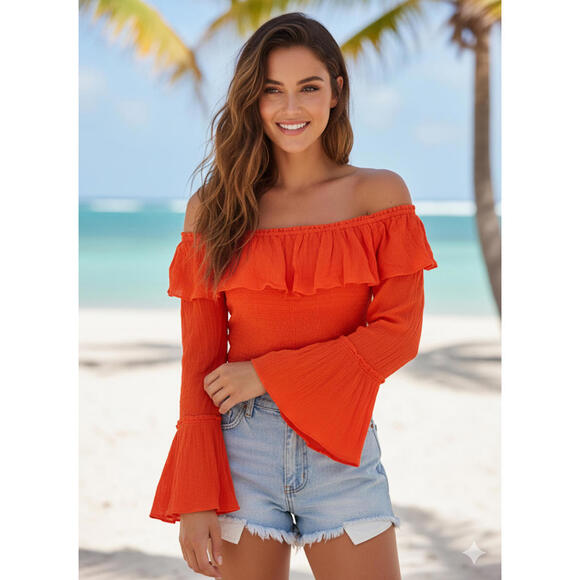 Kimchi Blue Tops - Kimchi Blue Orange Off-Shoulder Ruffle Top - Size M